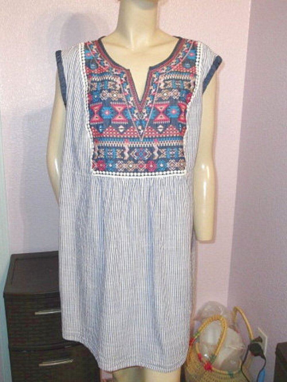 Savanna Jane Boho Embroidered Dress Size 1X Sleeveless Shift Lined Peasant Aztec